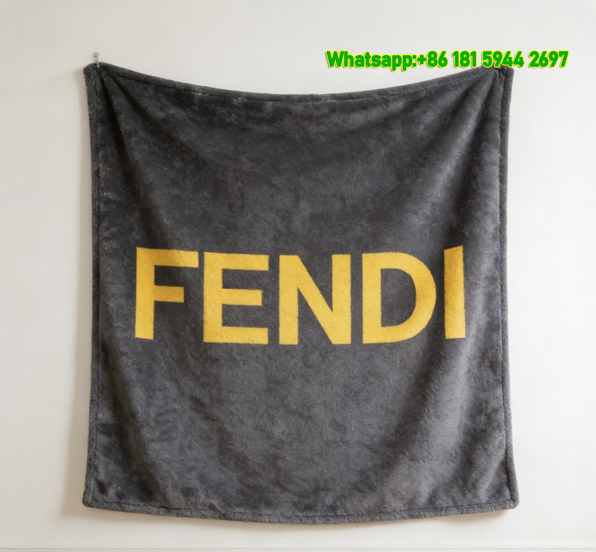 Dark Charcoal Gray & Bright Yellow Fendi Logo Flannel Throw Blanket IMG_9303